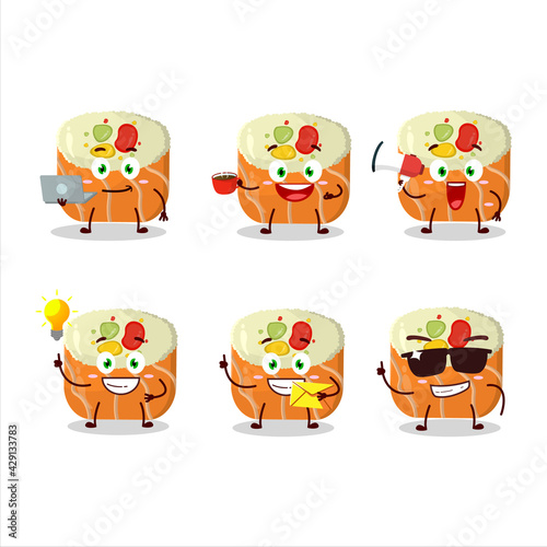 Uramaki sushi cartoon character with various types of business emoticons