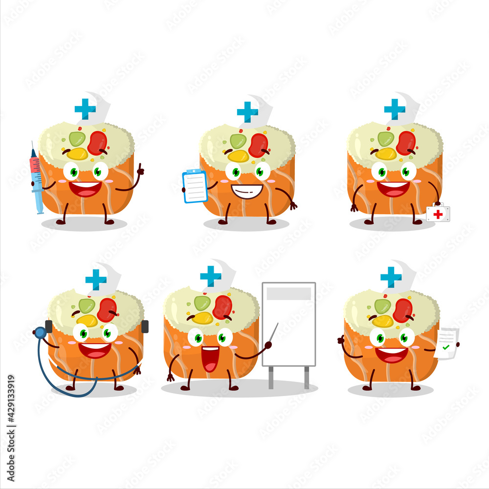Obraz premium Doctor profession emoticon with uramaki sushi cartoon character