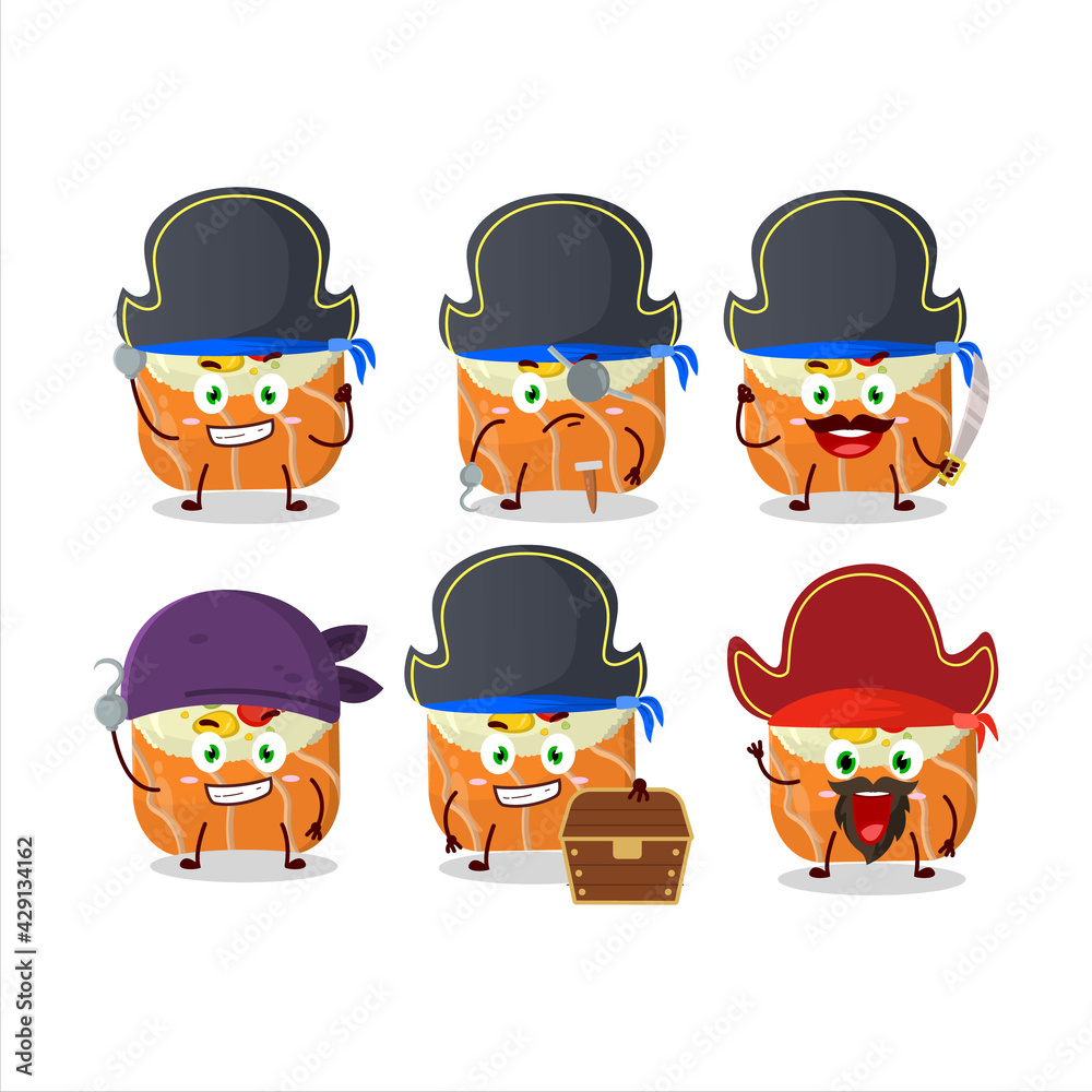 Cartoon character of uramaki sushi with various pirates emoticons Cartoon character of uramaki sushi with various pirates emoticons