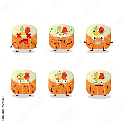 Uramaki sushi cartoon character with nope expression