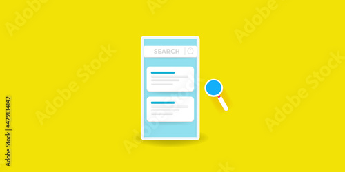 Mobile SEO concept. Search results displaying on smartphone screen. 3d style minimal design with yellow background.