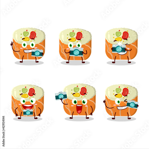 Photographer profession emoticon with uramaki sushi cartoon character