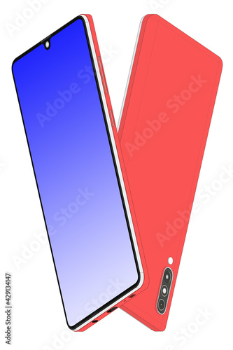 Telefony komórkowe smartfon widok z przodu i z tyłu niebieski wyświetlacz czerwony różowy tył obudowy.