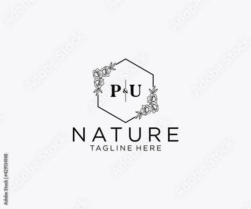initial PU letters Botanical feminine logo template floral, editable premade monoline logo suitable, Luxury feminine wedding branding, corporate.