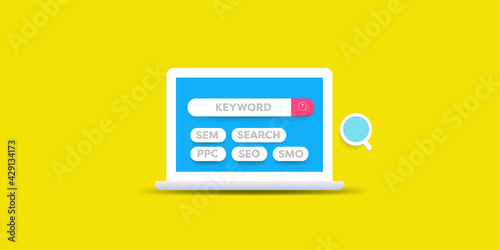 SEO keyword research concept. Laptop screen with keyword tags. Search engine optimization with yellow background.