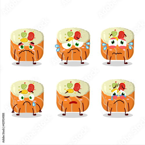 Uramaki sushi cartoon character with sad expression