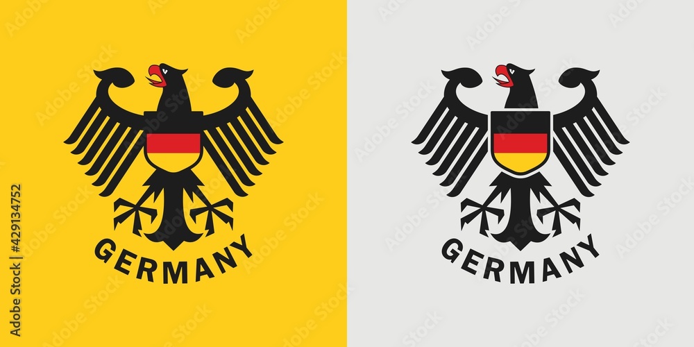 Set of color illustrations of an eagle, shield, flag on the background.  Vector illustration for emblem, print, sticker, label and badge. Heraldry  of Germany. Stock Vector