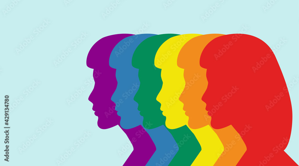 Women in silhouette Rainbow colored on a blue background. Copy space. Side view vector illustration