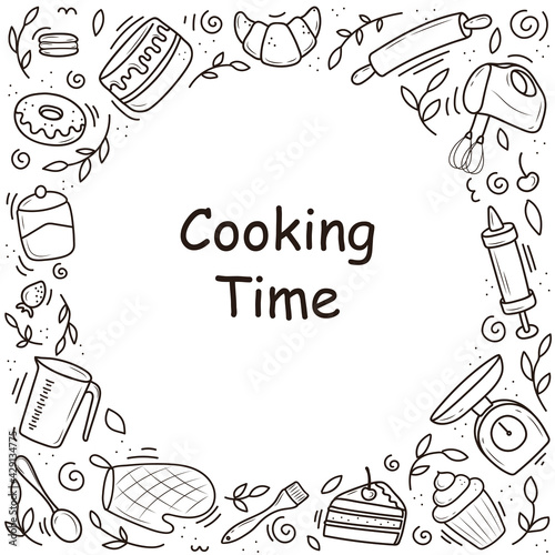 a frame of baking and cooking tools, a mixer, a cake, a spoon, a cupcake, a scale. vector illustration in the doodle style. a sketch drawn by hand on a white background.