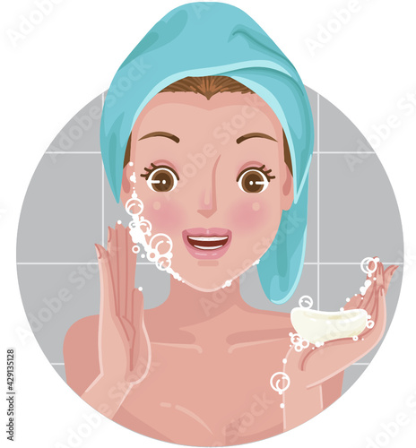 Women washing their faces wint facial soap products for cleaning the face skin