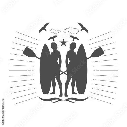 Illustration of ladies posing with surf board