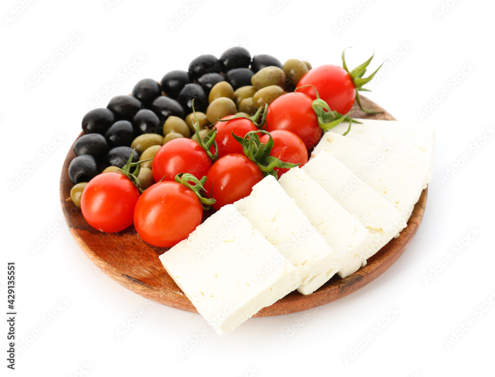Plate with tasty feta cheese, tomatoes and olives on white background