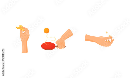 Human Hand Playing Paddle Ball and Fidget Spinner Toy Vector Set