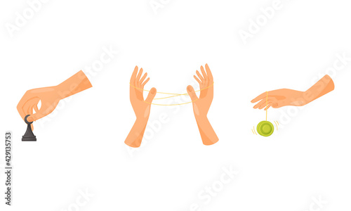 Human Hand Playing Yoyo Toy and Chess Vector Set