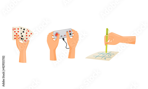 Human Hand Playing Card Game and Oughts and Crosses Vector Set