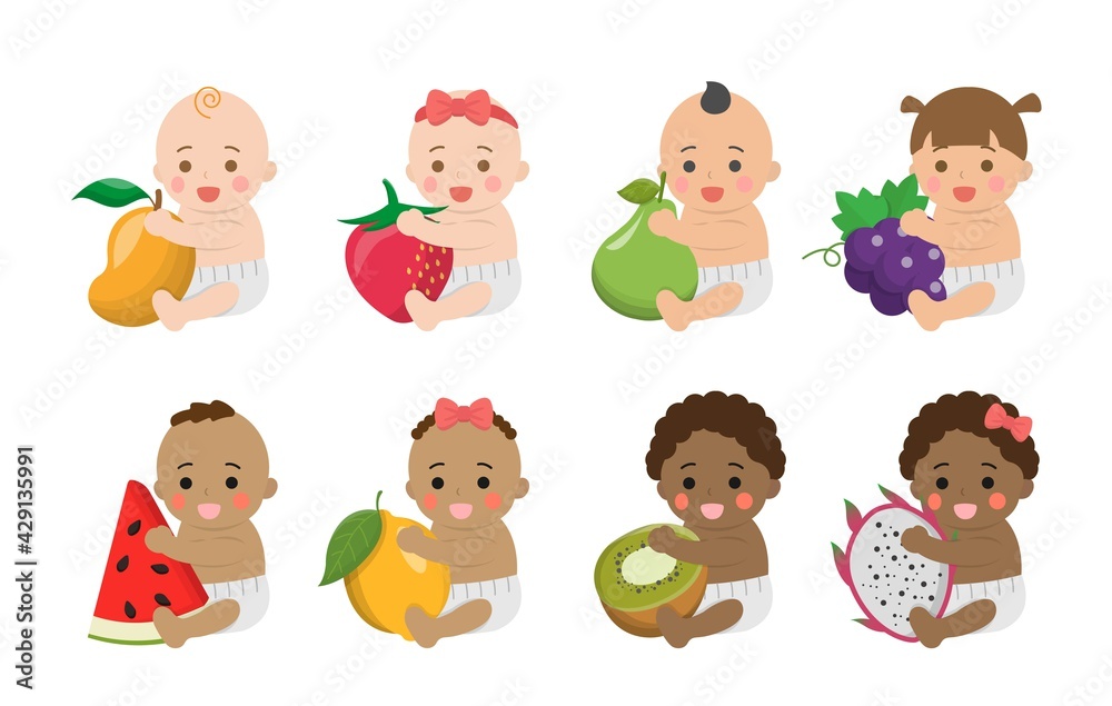 Cute babies with healthy vegetables and fruits, comic cartoon vector characters set