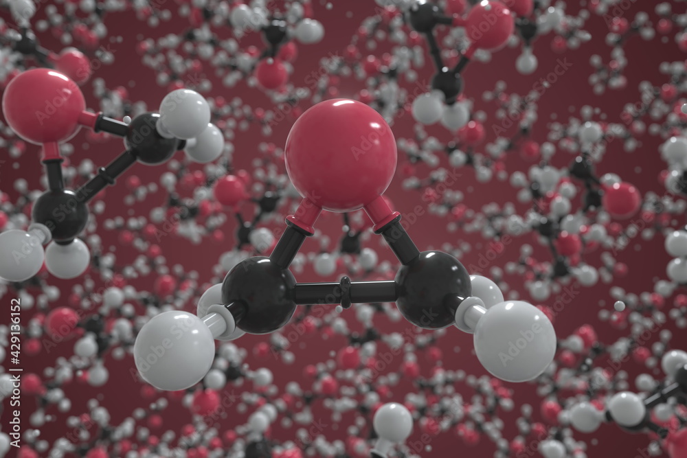 Molecule of ethylene oxide, ball-and-stick molecular model. Scientific 3d rendering