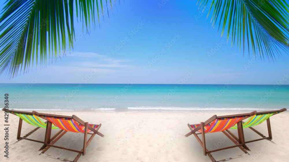 PHUKET, THAILAND. Chair on white beach sand and Coconut on white sandy beach on caribbean island. Vacation holidays summer. 4k UHD Video clip. PHUKET, THAILAND. Chair on white beach sand and Coconut on white sandy beach on caribbean island. Vacation holidays summer. 4k UHD Video clip.