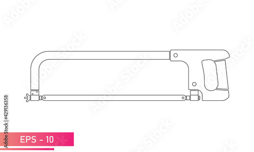 Metal hacksaw, with a convenient handle. Linear design. On a white background. Tools for workers. Flat vector illustration.
