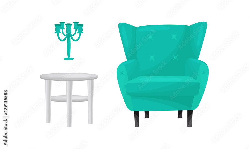 Room Interior Design Elements with Armchair and Table Vector Set Room Interior Design Elements with Armchair and Table Vector Set