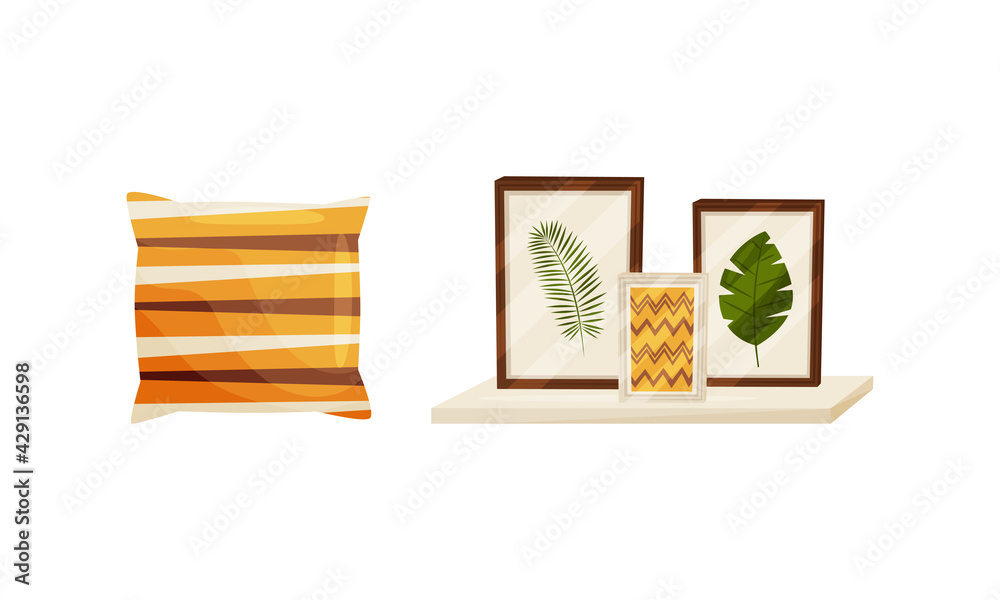 Room Interior Design Elements with Framed Picture Rested on Shelf and Pillow Vector Set Room Interior Design Elements with Framed Picture Rested on Shelf and Pillow Vector Set
