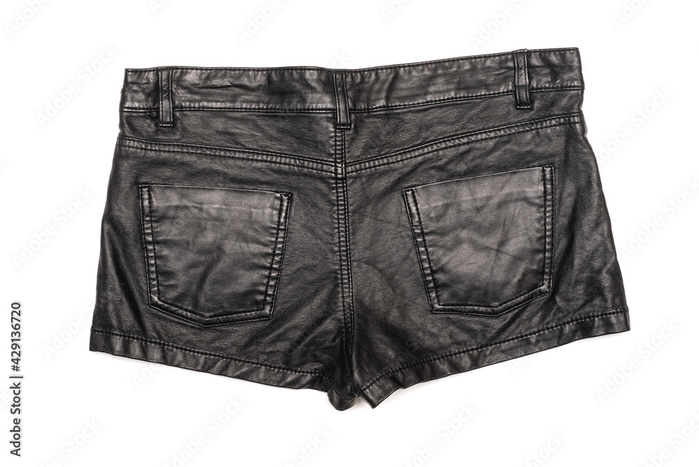 Black leather female shorts isolated on the white background. Top view. Back side. Black leather female shorts isolated on the white background. Top view. Back side.