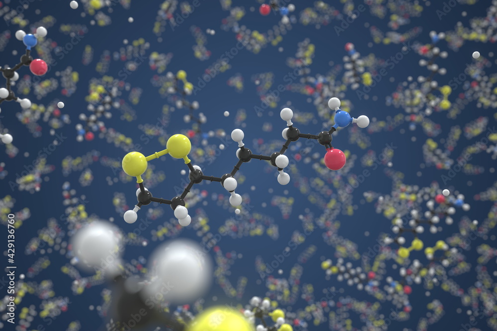 Lipoamide molecule, ball-and-stick molecular model. Chemical 3d rendering Lipoamide molecule, ball-and-stick molecular model. Chemical 3d rendering