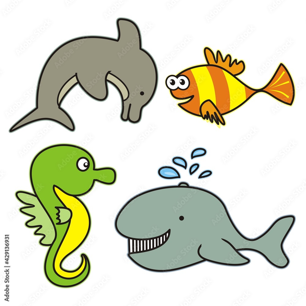 Fototapeta premium marine life, color vector illustration, four animals