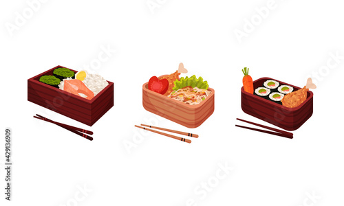 Japanese Bento Box with Traditional Asian Food with Noodles, Rice and Seafood Vector Set