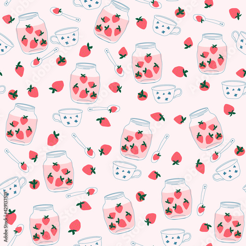 jar with strawberry jam seamless pattern. Cozy background with jam, hand-drawing Scandinavian style. For children's clothing, fabric, packaging