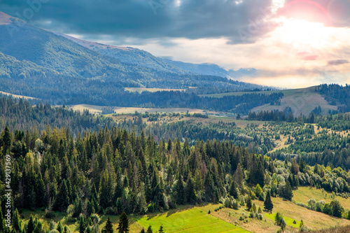 coniferous forest and hills on a background of mountains sky in the clouds. Countryside .