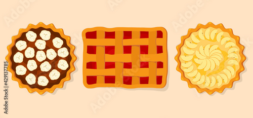 Set of banana, raspberry and apple pies in the top view.Delicious and appetizing pastries.Apple pie,Bananas, apples and raspberries.Delicious and pleasant illustrations in the cardboard style.Vector i