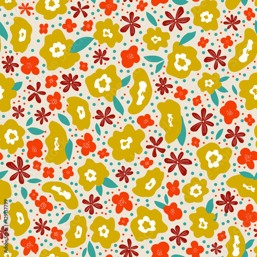 Fototapeta Naklejka Na Ścianę i Meble -  Trendy seamless floral pattern. Fabric design with simple flowers. Vector cute  ditsy pattern for fabric, wallpaper or wrap paper.