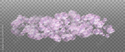 Realistic pink soap foam. Bubbles of soapy water. Design elements for washing powder, shampoo, skin cosmetics..Isolated on a transparent background.