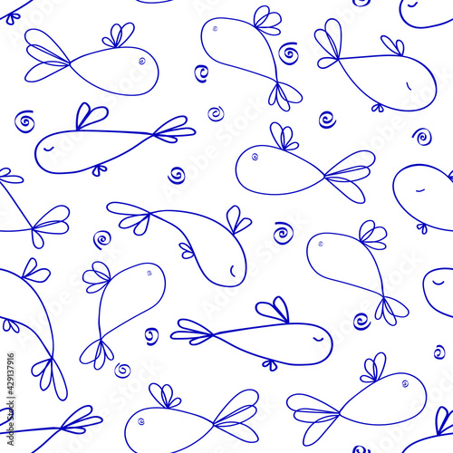 fishes doodle style seamless pattern. Children's sea background. Outline on black background