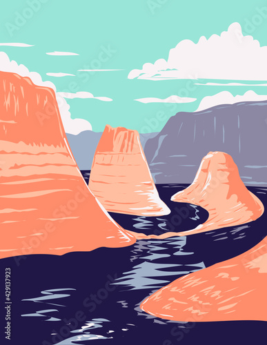 WPA Poster Art of the Lake Powell and Reflection Canyon in Glen Canyon National Recreation Area, Utah United States of America done in works project administration style or federal art project style. photo