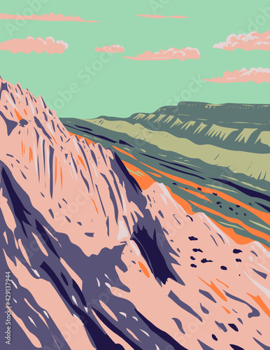 WPA Poster Art of the Waterpocket Fold in the Strike Valley located in Capitol Reef National Park in south-central Utah done in works project administration style or federal art project style. photo