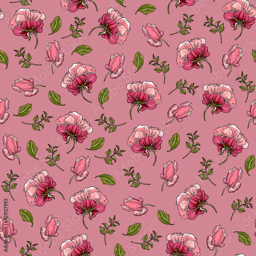 Seamless pattern with roses. Floral background with flowers and buds of rose, peony. Hand drawing.