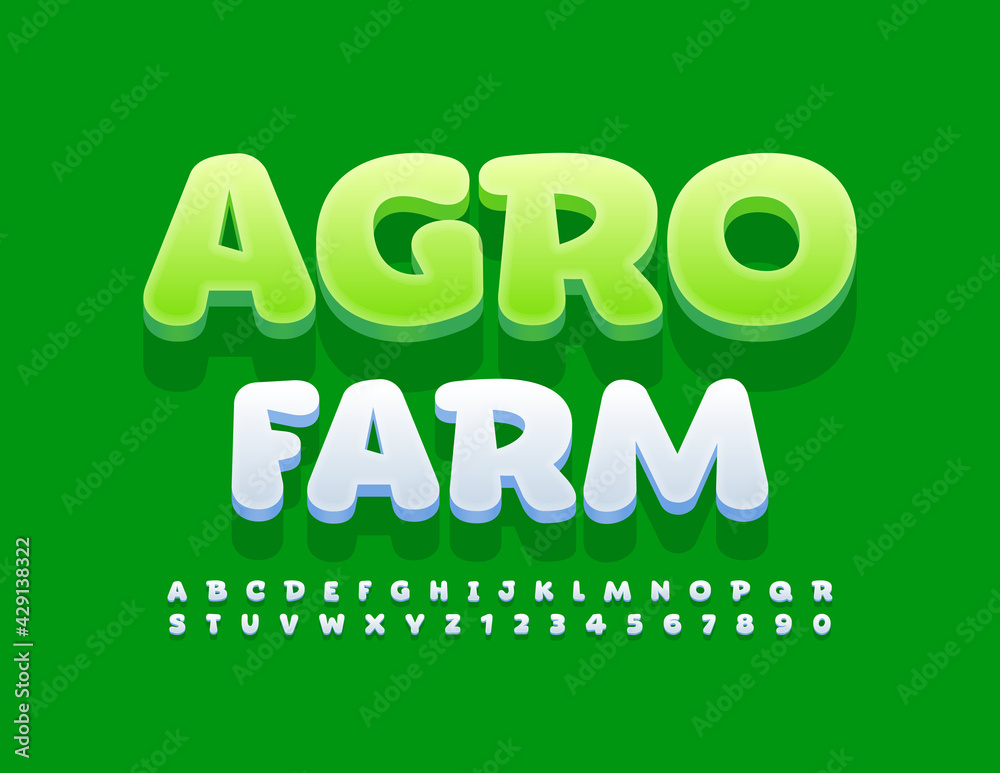 Vector creative logo Agro Farm with set of Alphabet Letters and Numbers set. White comic Font Vector creative logo Agro Farm with set of Alphabet Letters and Numbers set. White comic Font