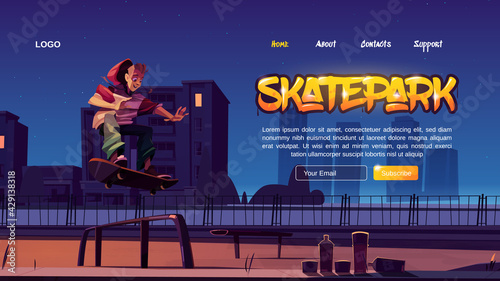 Skatepark cartoon landing page with teenager in night skate park rollerdrome perform skateboard jumping stunt. Extreme sport, graffiti, youth urban culture and teen street activity vector web banner