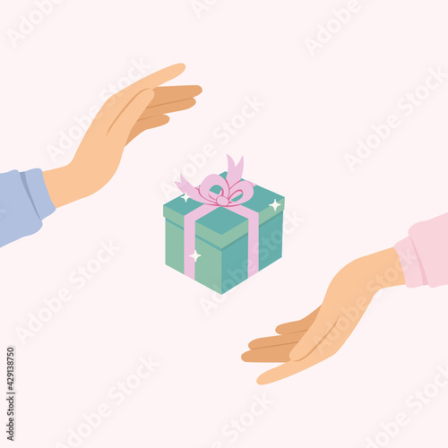 hand holding surprise gift box with cute color.