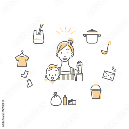 育児休暇を楽しむ女性　シンプルでおしゃれな線画イラスト