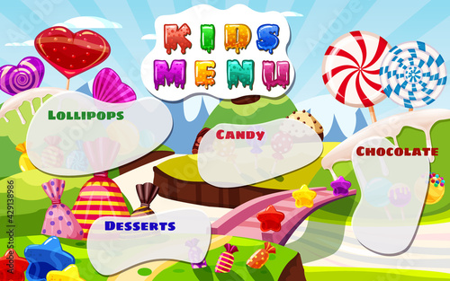 Kids Menu, Candy World, sweet different bonbon, lollipops,chocolate, jelly. Template menu for caffe, cafeteris, vector illustration, cartoon style