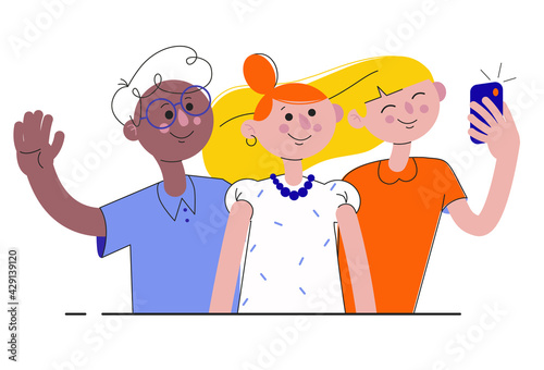 A group of smiling friends take selfies with a mobile phone camera and chat online. The concept of youth friendship and communication. Vector