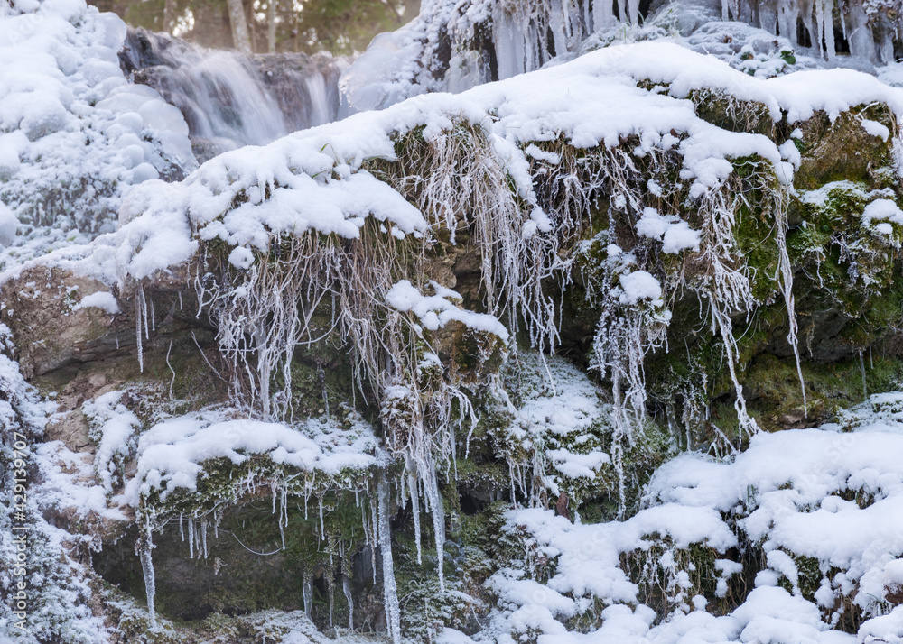 Obraz premium frozen fast flowing spring water, icy rocks and water stream, frosty tree roots, beautiful ice and water texture