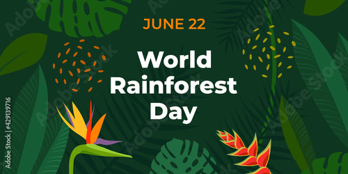 World Rainforest Day. Vector banner for social media, card, poster. Illustration with text World Rainforest Day, June 22. Tropical forest, jungle, exotic plants on a green background.