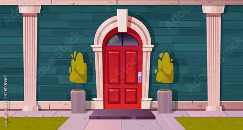 Luxury cottage house facade, home building exterior of green brick, red wooden arched door and rug at doorstep with plants in flowerbeds, tiled path and grass lawn at yard, Cartoon vector illustration