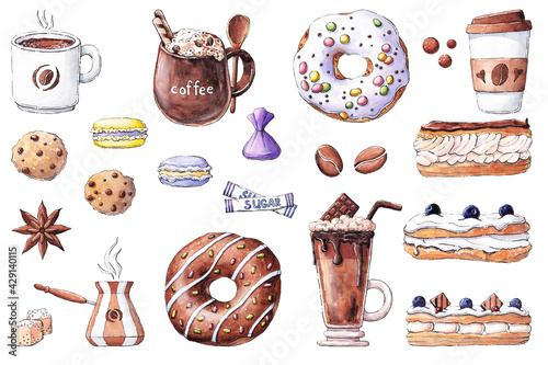 Watercolor set with coffee, donuts and eclairs