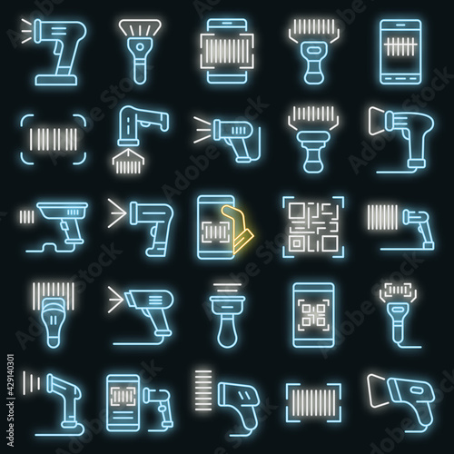 Barcode scanner icons set. Outline set of barcode scanner vector icons neon color on white