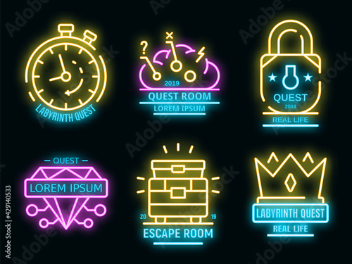 Quest game icons set. Outline set of quest game vector icons neon color on white
